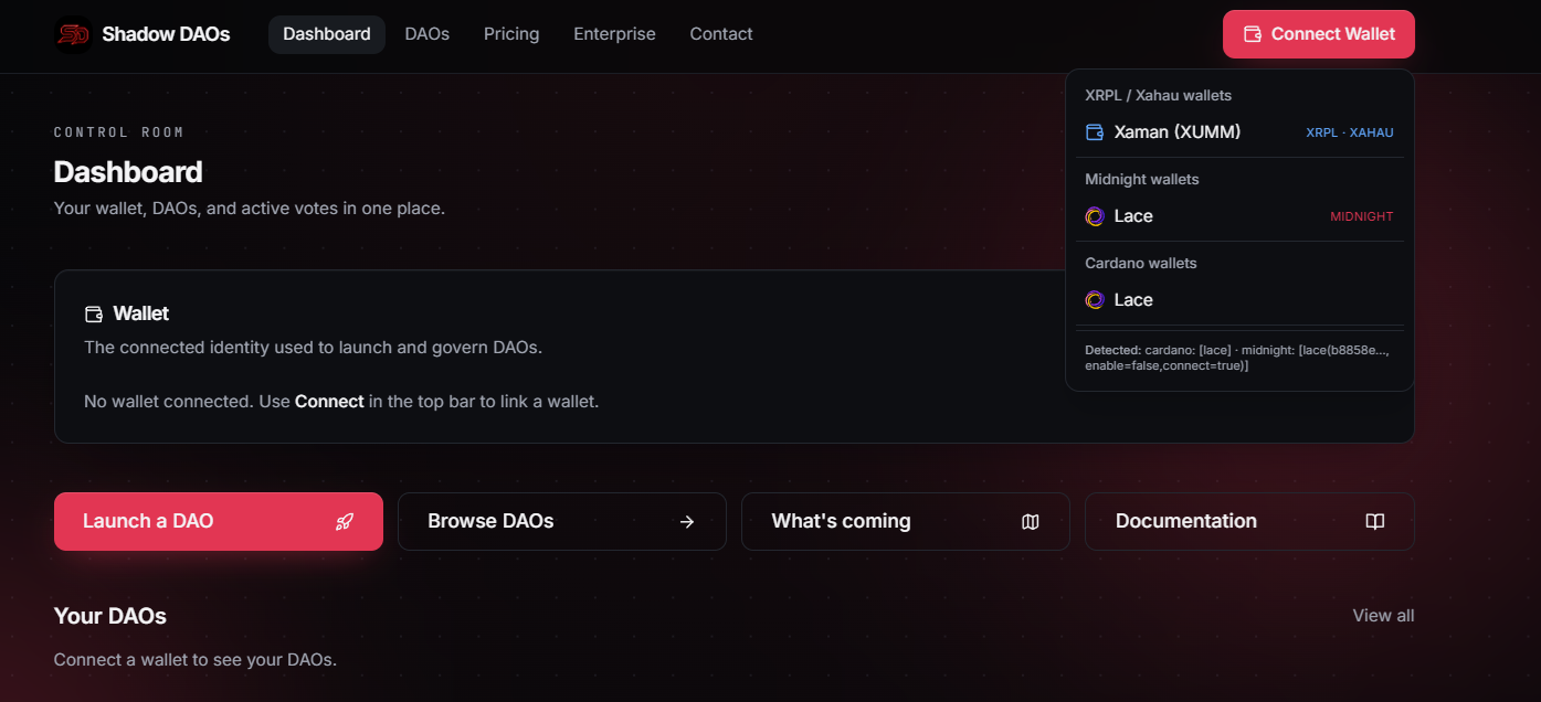 The connect menu open with Xaman, Midnight, and Cardano wallet options