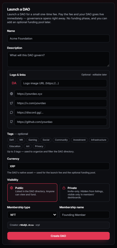 The Launch a DAO form with name, description, logo and links, tags, currency, visibility, and membership fields