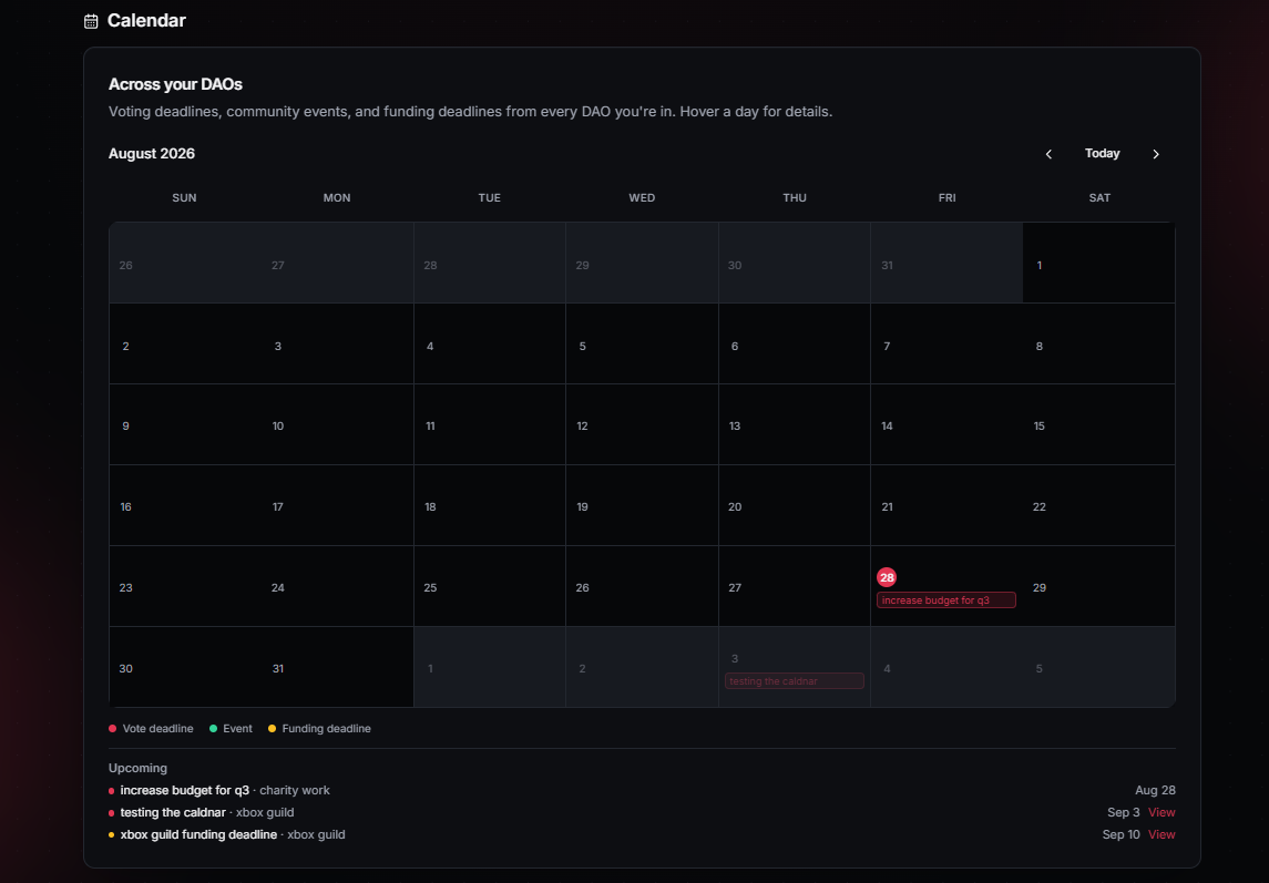 The dashboard calendar with vote deadlines, events, and funding deadlines
